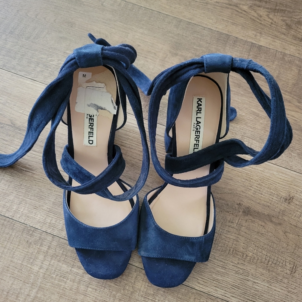 Karl Lagerfeld Navy Block Heels With Tie Straps